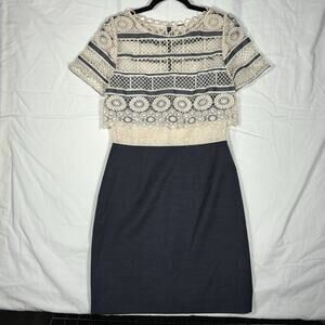 Elie Tahari Woman's Layered Lace Top Cap Sleeve White and Blue Dress Size 4